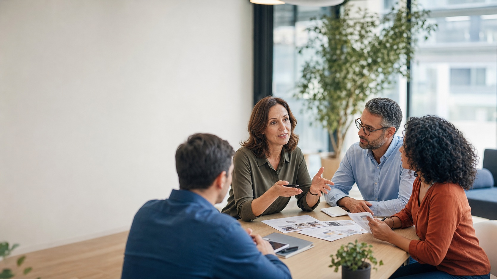 Équipe de professionnels des ressources humaines en réunion de formation dans un bureau moderne et lumineux