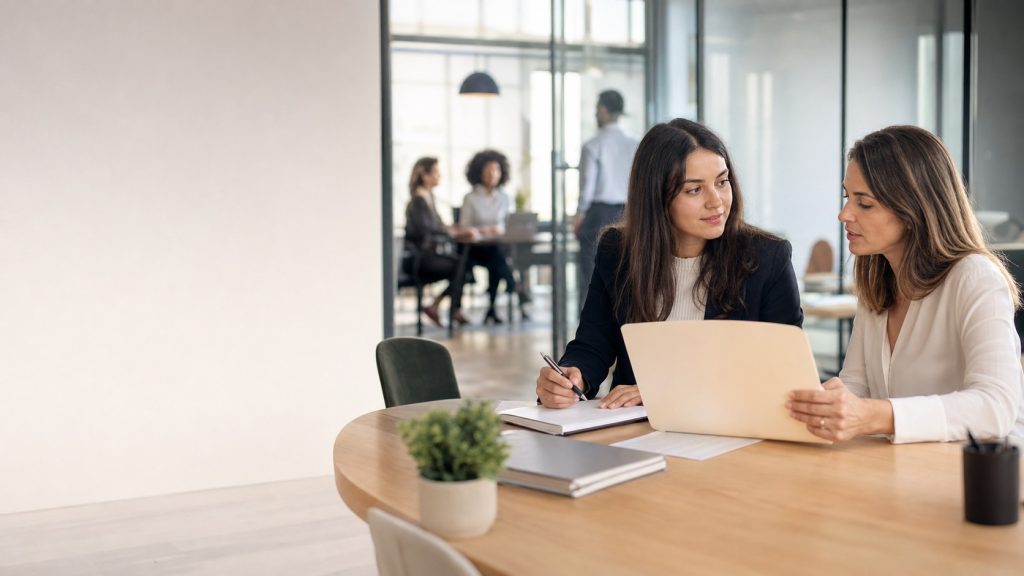 Stagiaire en ressources humaines échangeant avec une responsable RH dans un bureau moderne et lumineux