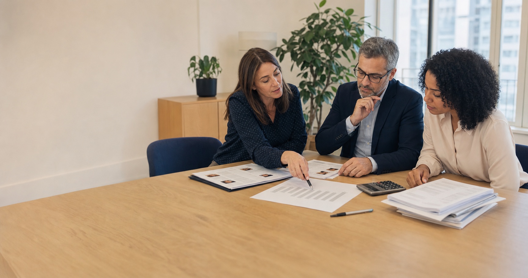 Équipe RH analysant des dossiers de recrutement et un graphique de suivi des coûts dans un bureau moderne