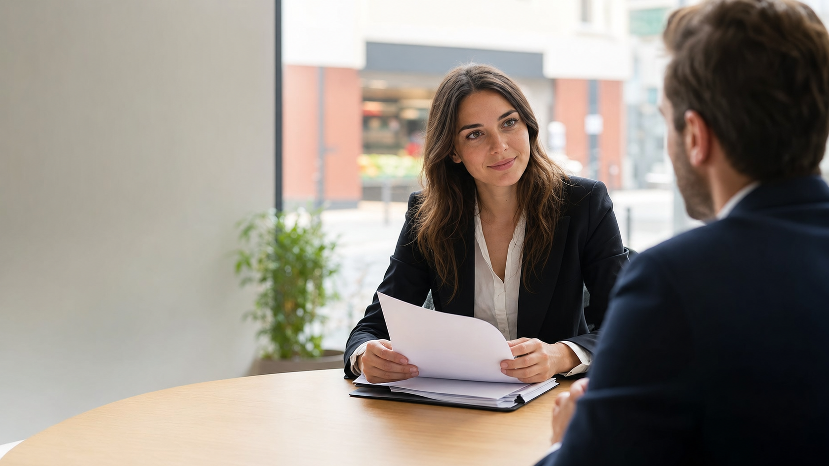 Entretien de recrutement entre une recruteuse et un candidat préparant son dossier de candidature dans un bureau lumineux.