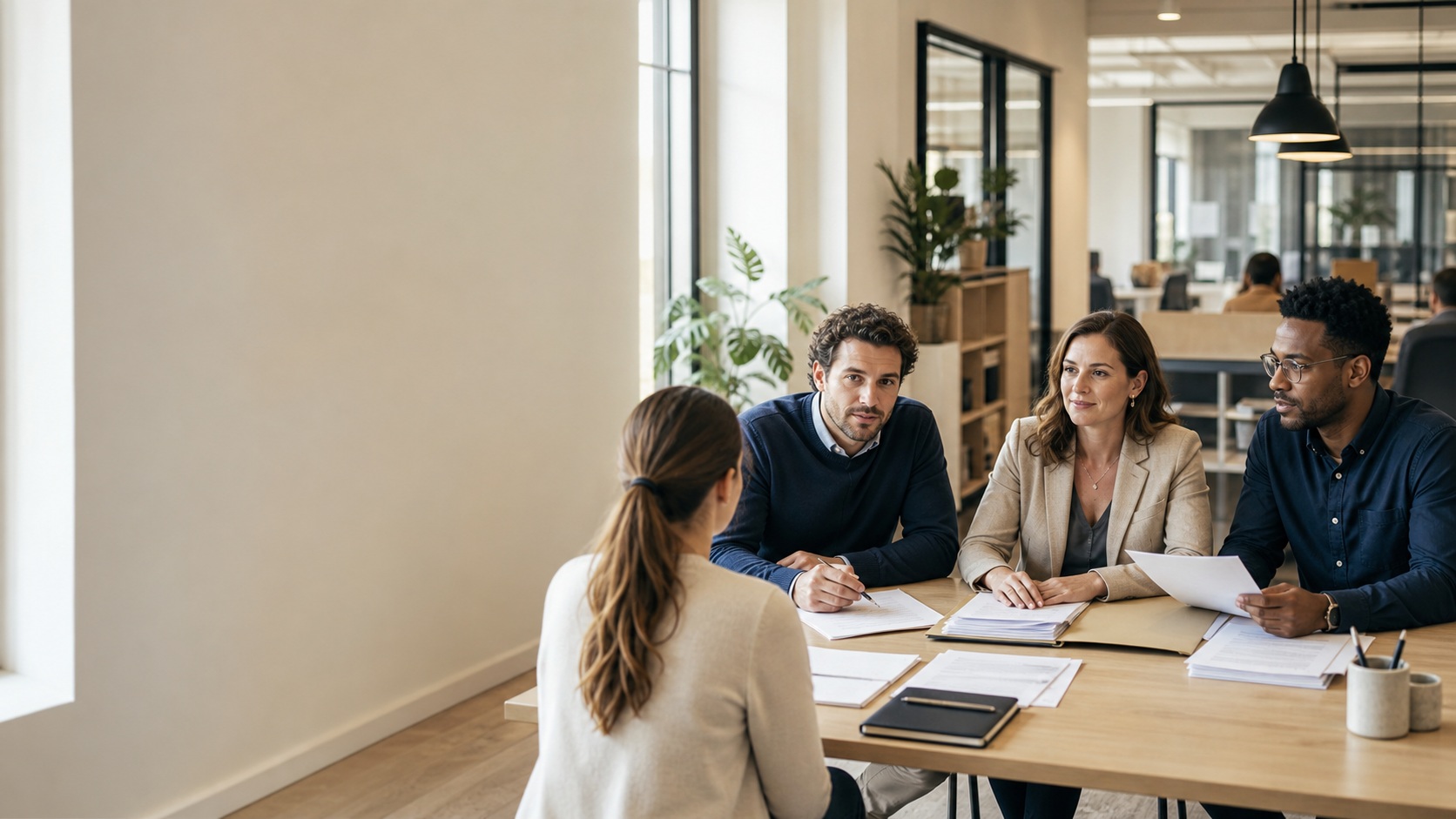 Équipe RH réunie avec une collaboratrice autour de documents dans un bureau moderne, illustrant une gestion des ressources humaines optimisée en entreprise