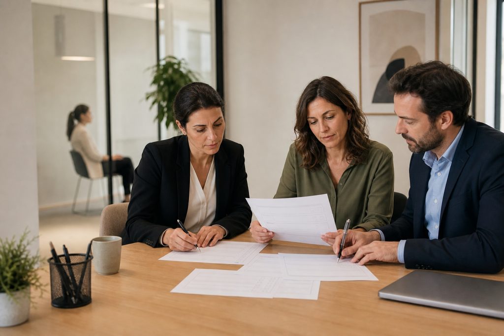 Comité de recrutement évaluant méthodiquement des candidatures à l’aide de grilles structurées dans un bureau moderne.