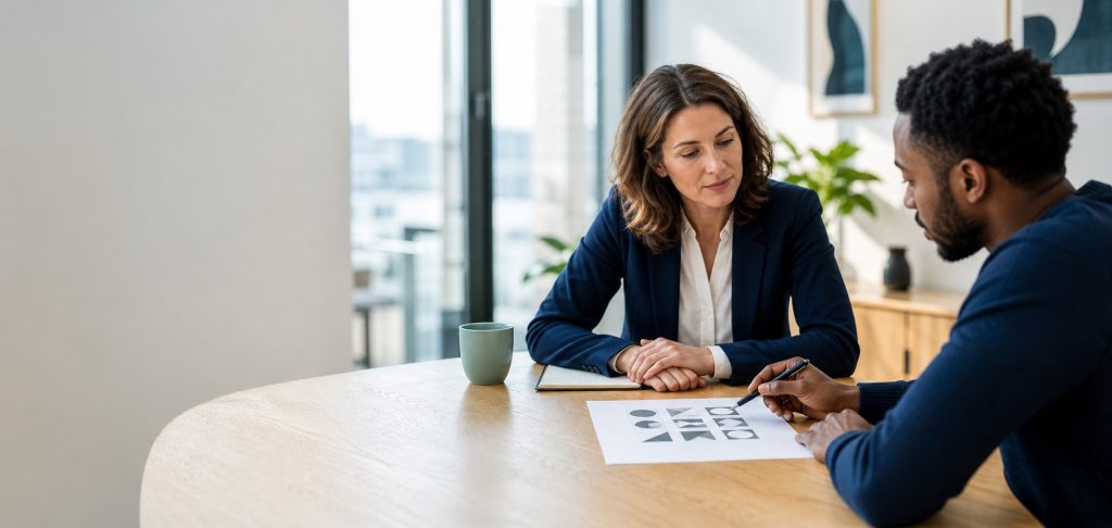 Entretien de recrutement en entreprise : une candidate échange avec un recruteur autour d’un test logique composé de formes géométriques.
