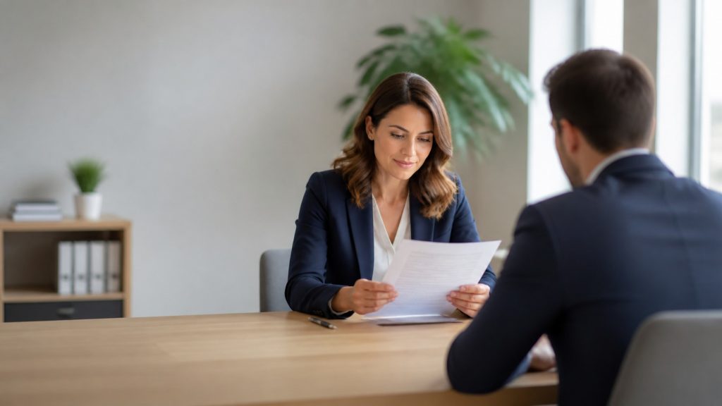Responsable RH examinant une évaluation de recrutement face à un candidat dans un bureau lumineux