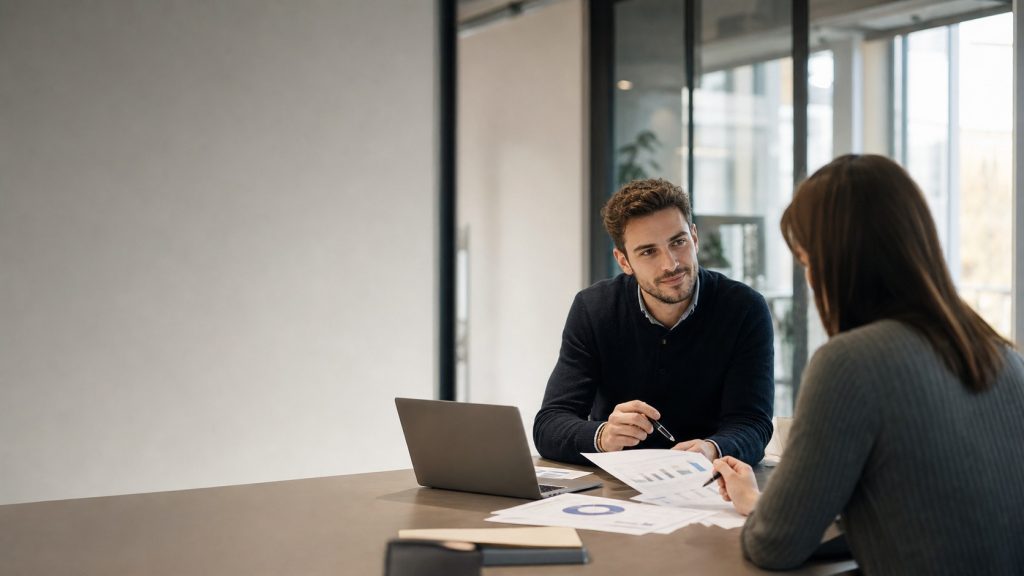 Entretien de recrutement SEO dans un bureau moderne, avec analyse de documents et ordinateur portable.