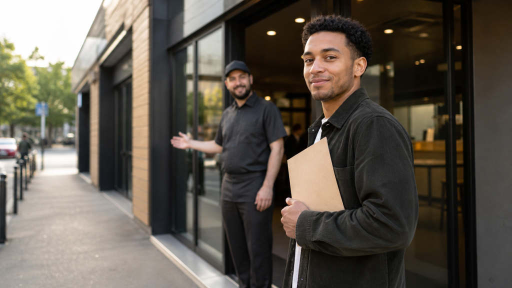 Jeune candidat devant un restaurant de restauration rapide générique en France, tenant un dossier de candidature tandis qu’un responsable l’accueille à l’entrée